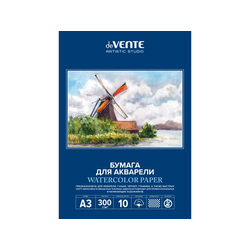 Akvareļu papīrs A3, 300 g/m², 10 loksnes, vidēji graudains, mapē, deVente
