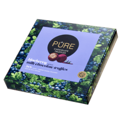Konfektes, pūderētas piena šokolādes trifeles, ar melleņu pildījumu, Pure, 120g