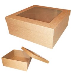 Kaste, dāvanu, ar logu, kartona, 310x310x120mm, brūna